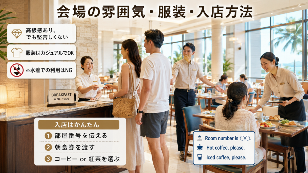 会場の雰囲気・服装・英語が苦手でも安心な入店方法