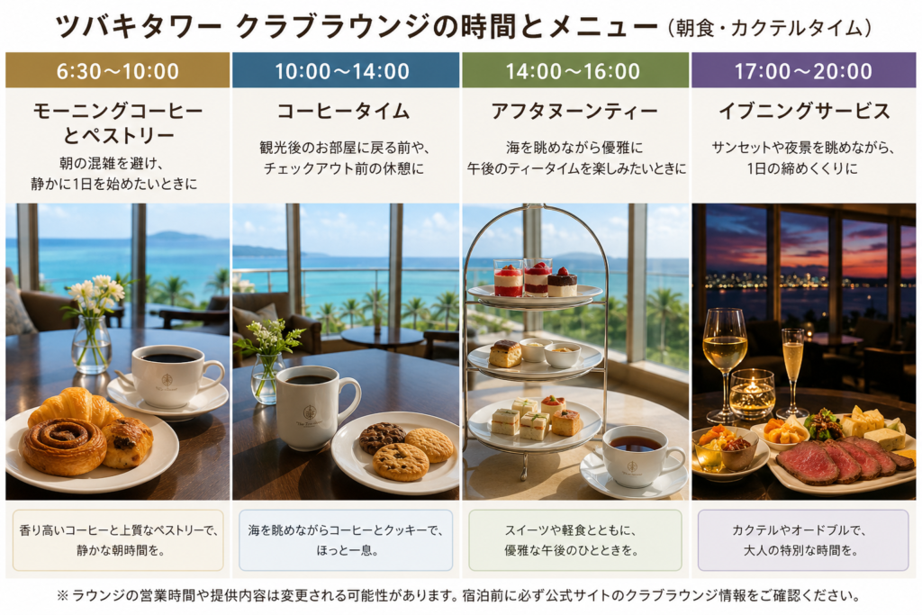 ツバキタワー クラブラウンジの時間とメニュー(朝食・カクテルタイム)