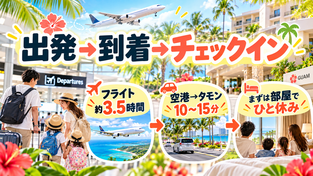 11:00〜16:30 日本出発〜グアム到着・ホテルチェックイン