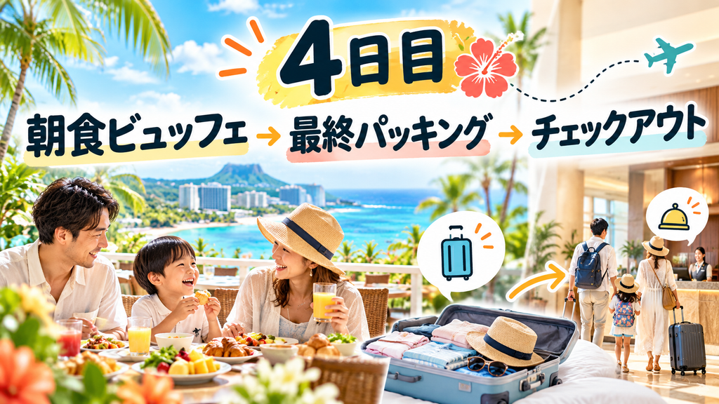 08:00〜11:00 ホテル朝食ビュッフェ・最終パッキング・チェックアウト