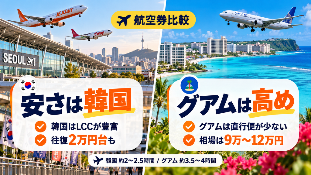 往復航空券の費用比較|LCCが豊富な韓国 vs 直行便が限られるグアム