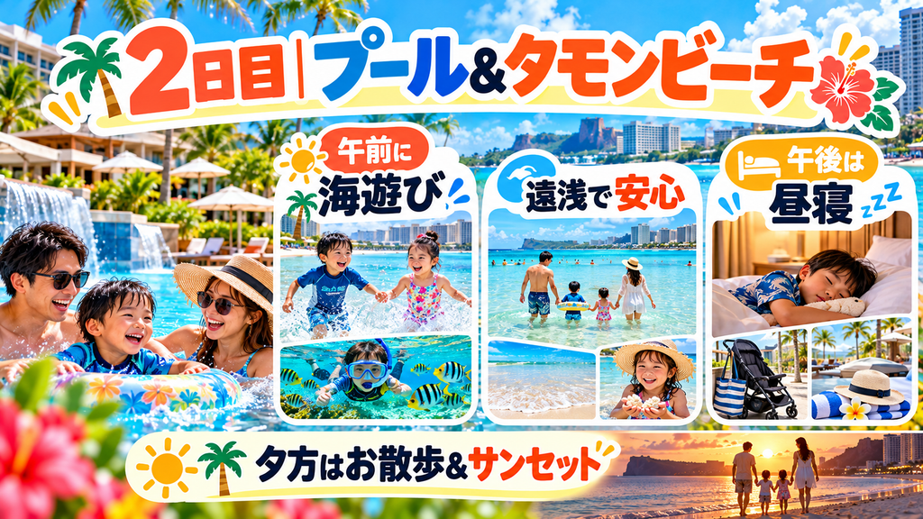 ホテルプール&遠浅の「タモンビーチ」で海遊びデビュー