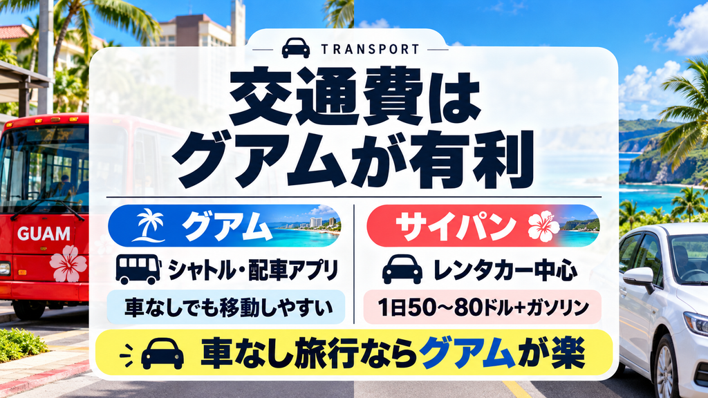 現地交通費の違い:シャトルバス(グアム)vs レンタカー必須(サイパン)
