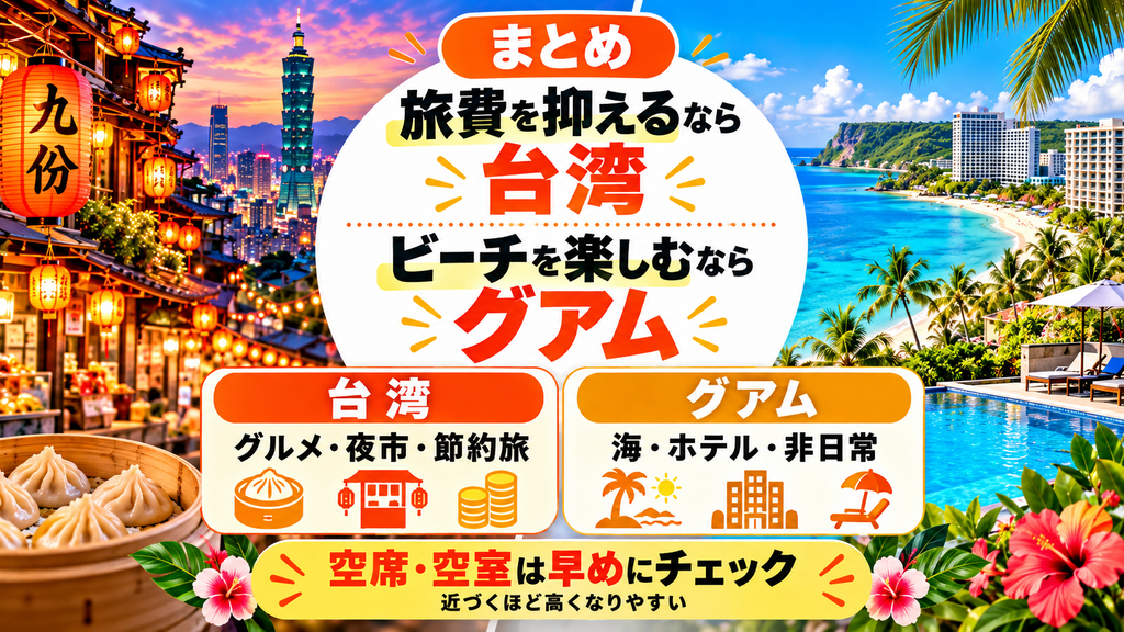 まとめ|旅費を抑えるなら台湾・ビーチを楽しむならグアム